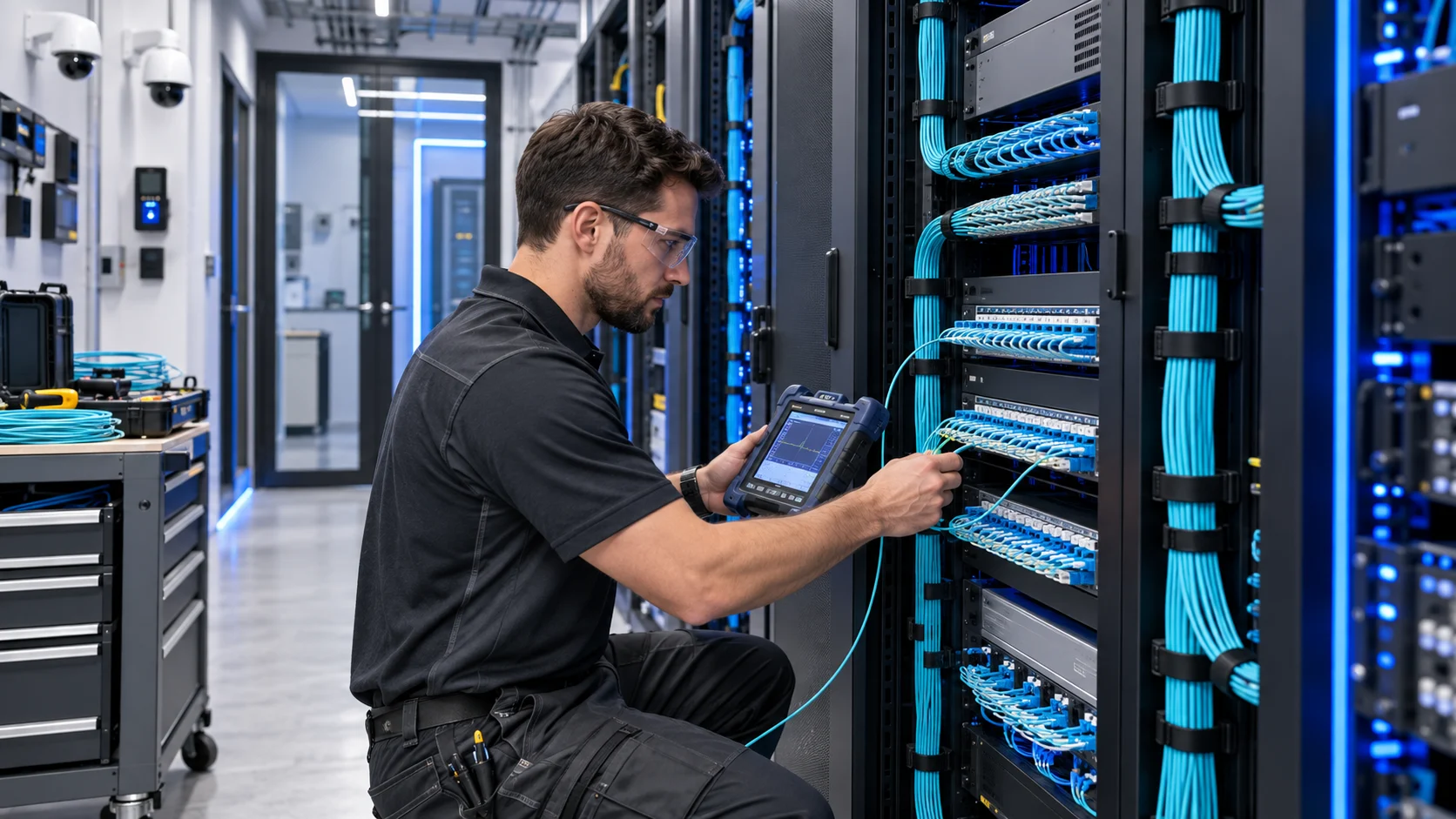 Technician testing the structured fiber network that supports cameras and access control